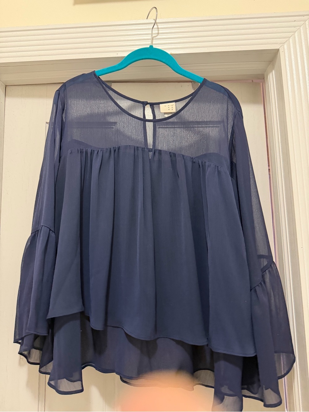 a new day Navy Sheer Layered Peasant Blouse